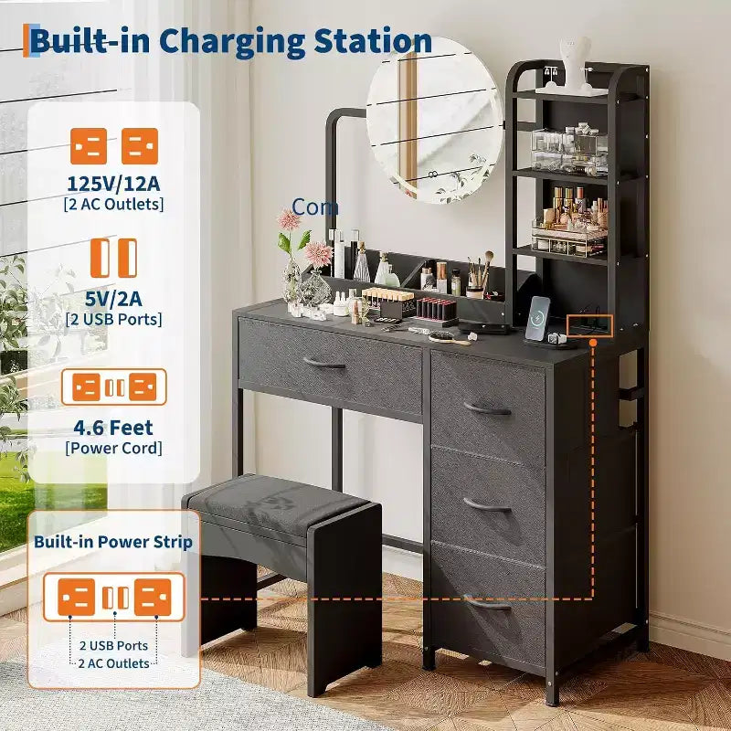 Coiffeuse avec miroir et lumières, Coiffeuse noire avec station de charge et tabouret, Grande coiffeuse avec 4 tiroirs, Table de maquillage