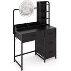 Coiffeuse avec miroir et lumières, Coiffeuse noire avec station de charge et tabouret, Grande coiffeuse avec 4 tiroirs, Table de maquillage