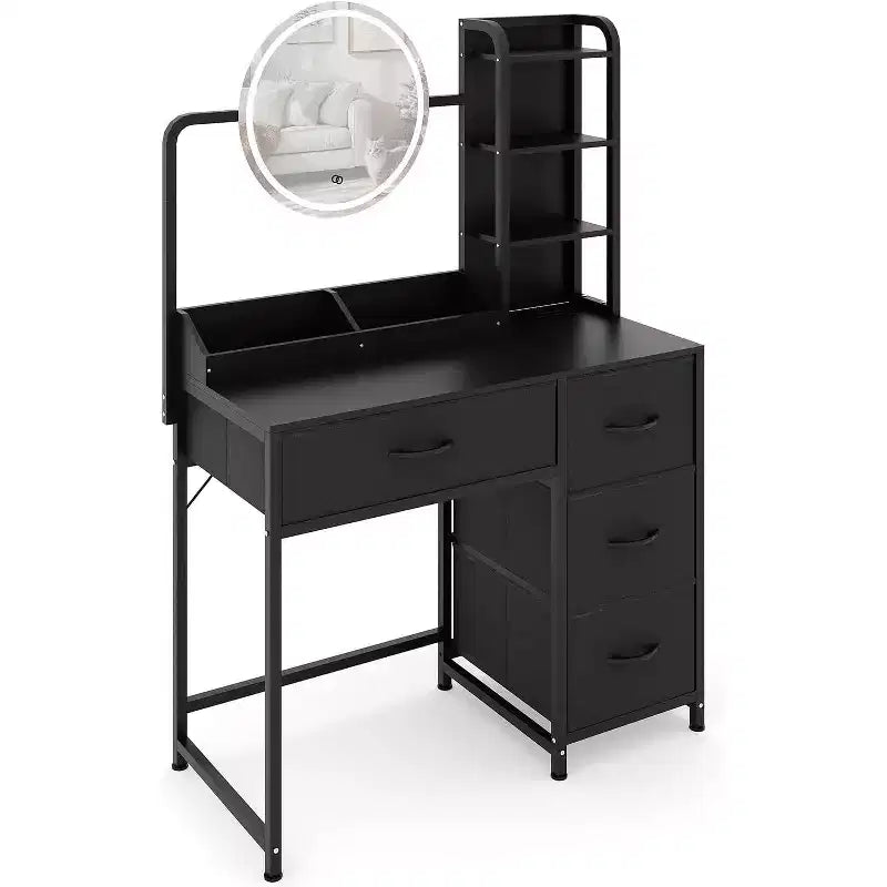 Coiffeuse avec miroir et lumières, Coiffeuse noire avec station de charge et tabouret, Grande coiffeuse avec 4 tiroirs, Table de maquillage