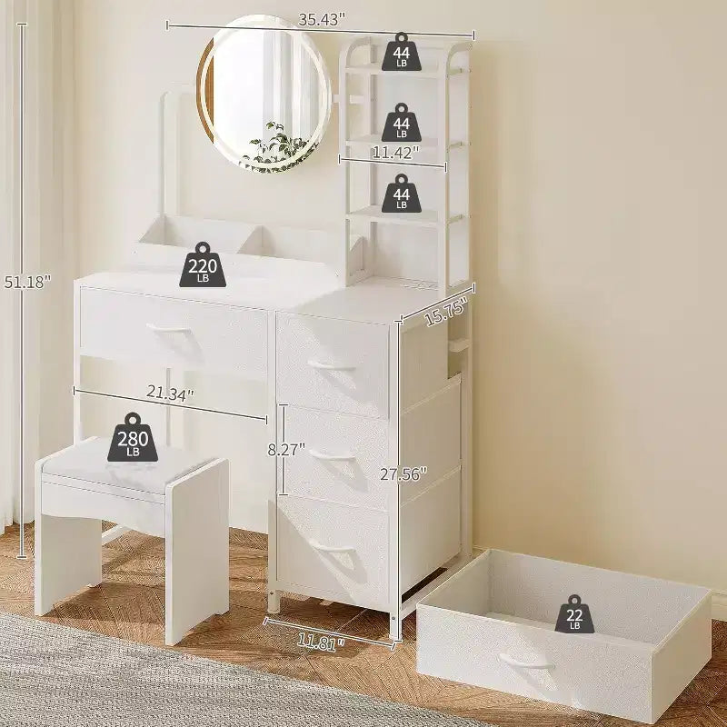 Coiffeuse avec miroir et lumières, Coiffeuse noire avec station de charge et tabouret, Grande coiffeuse avec 4 tiroirs, Table de maquillage