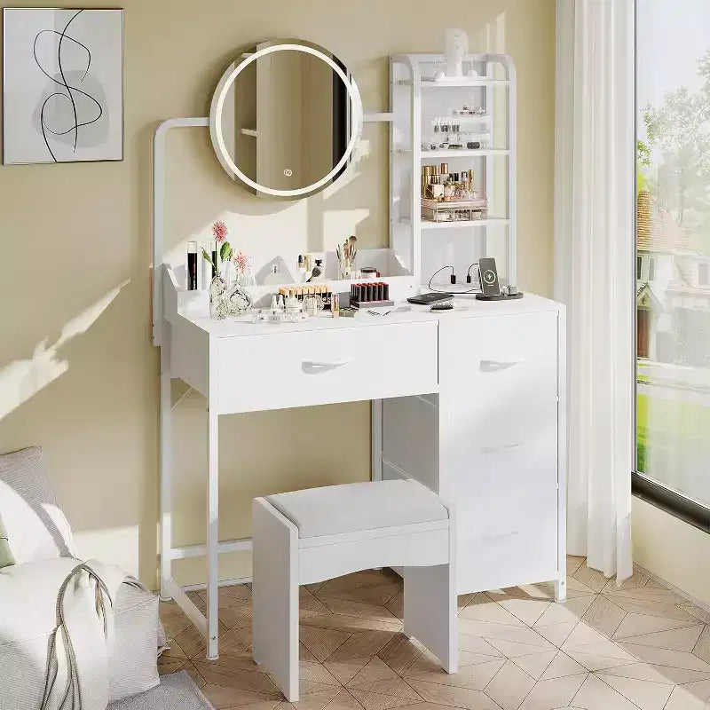 Coiffeuse avec miroir et lumières, Coiffeuse noire avec station de charge et tabouret, Grande coiffeuse avec 4 tiroirs, Table de maquillage
