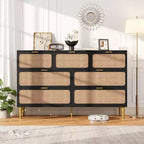 Rattan 7 Drawer Dressers for Bedroom, Tall Dresser with Deep Drawers, Large Chest of Drawers for Closet with Wide Top, Long Wooden Dresser