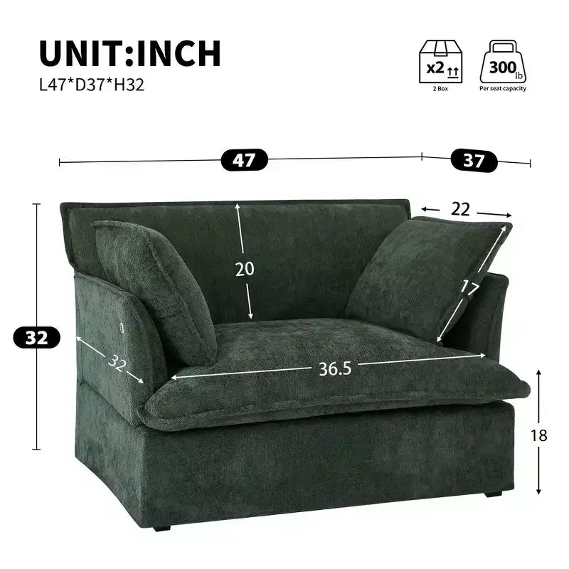 Fauteuil d'appoint surdimensionné Whisen 47.2, fauteuil en chenille, canapé simple confortable comme un nuage avec base et accoudoirs modernes