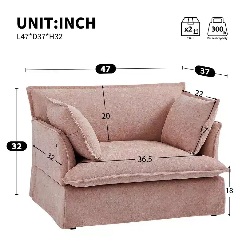 Fauteuil d'appoint surdimensionné Whisen 47.2, fauteuil en chenille, canapé simple confortable comme un nuage avec base et accoudoirs modernes