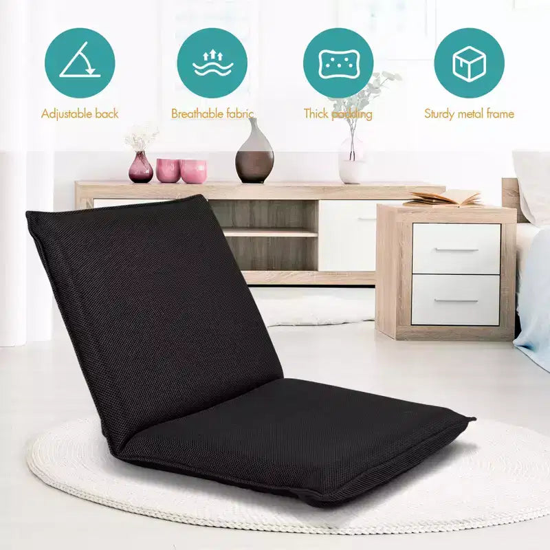 Costway Chaise de sol réglable avec coussin, transat inclinable avec 6 positions, support dorsal confortable et siège de sol paresseux épais et rembourré Noir