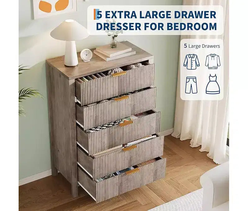 Commodes de chambre à 5 tiroirs, Commodes hautes en bois avec poignées dorées pour placard, Chiffonniers en bois, Meuble de rangement et Organisateur à tiroirs