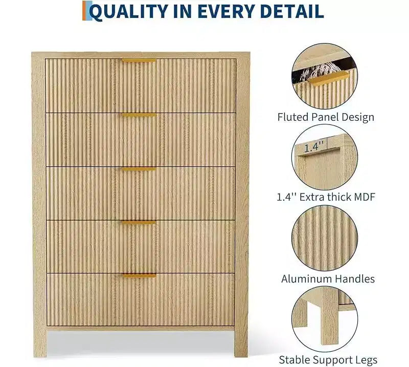 Commodes de chambre à 5 tiroirs, Commodes hautes en bois avec poignées dorées pour placard, Chiffonniers en bois, Meuble de rangement et Organisateur à tiroirs