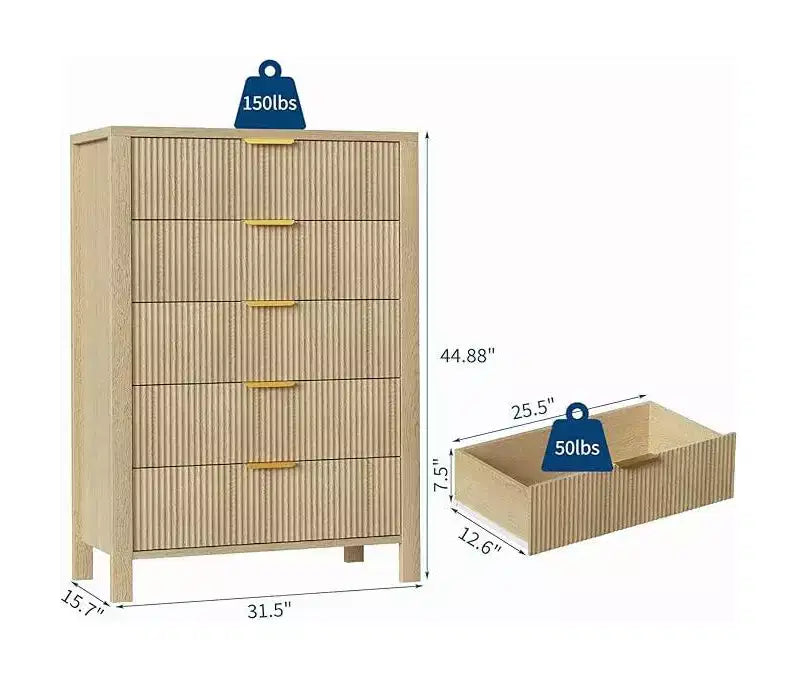 Commodes de chambre à 5 tiroirs, Commodes hautes en bois avec poignées dorées pour placard, Chiffonniers en bois, Meuble de rangement et Organisateur à tiroirs