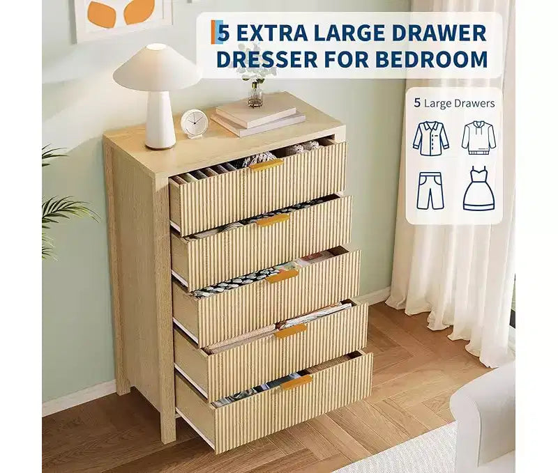 Commodes de chambre à 5 tiroirs, Commodes hautes en bois avec poignées dorées pour placard, Chiffonniers en bois, Meuble de rangement et Organisateur à tiroirs