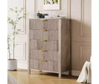Commodes de chambre à 5 tiroirs, Commodes hautes en bois avec poignées dorées pour placard, Chiffonniers en bois, Meuble de rangement et Organisateur à tiroirs
