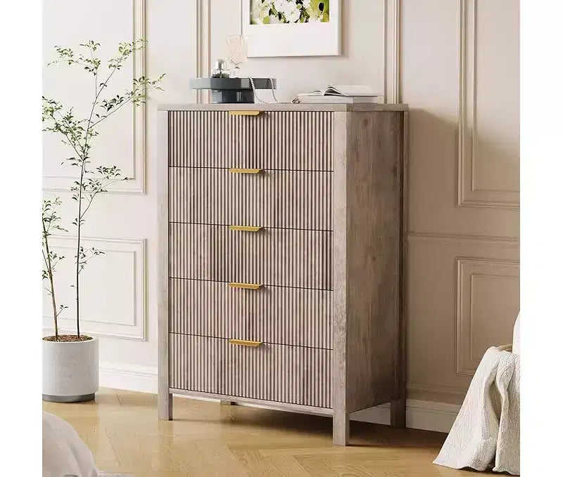 Commodes de chambre à 5 tiroirs, Commodes hautes en bois avec poignées dorées pour placard, Chiffonniers en bois, Meuble de rangement et Organisateur à tiroirs