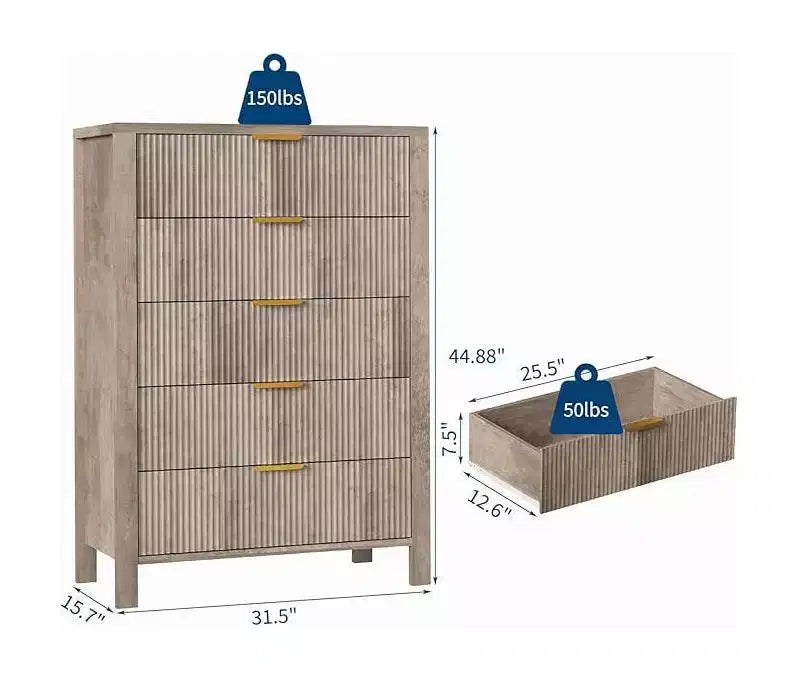 Commodes de chambre à 5 tiroirs, Commodes hautes en bois avec poignées dorées pour placard, Chiffonniers en bois, Meuble de rangement et Organisateur à tiroirs
