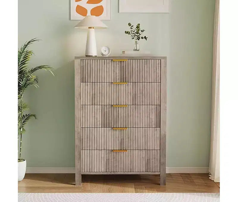 Commodes de chambre à 5 tiroirs, Commodes hautes en bois avec poignées dorées pour placard, Chiffonniers en bois, Meuble de rangement et Organisateur à tiroirs