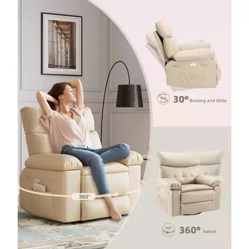 Fauteuil inclinable releveur avec fonctions de chaleur et de massage, siège extra-large de 68,5 cm, fauteuil à bascule manuel pivotant à 360°, télécommande, fauteuil inclinable surdimensionné pour le salon