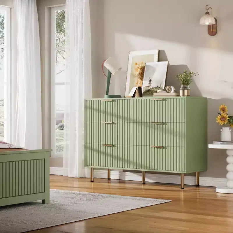 Commode double à 6 tiroirs, commode en bois cannelé de 120 cm avec rangement profond et grand plateau - Meuble TV pour salon, chambre, couloir
