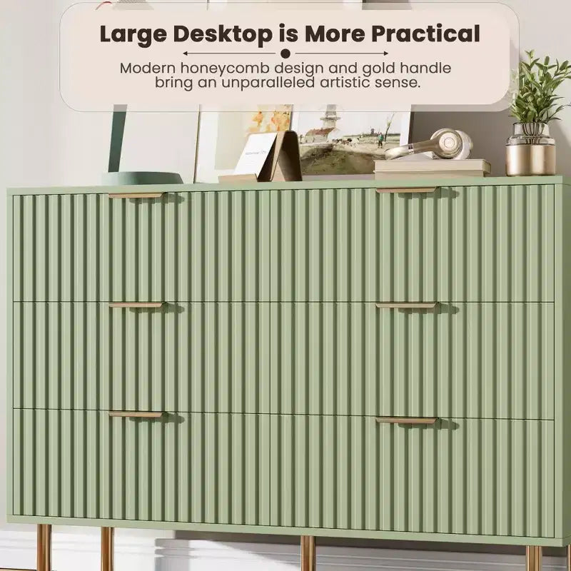 Commode double à 6 tiroirs, commode en bois cannelé de 120 cm avec rangement profond et grand plateau - Meuble TV pour salon, chambre, couloir