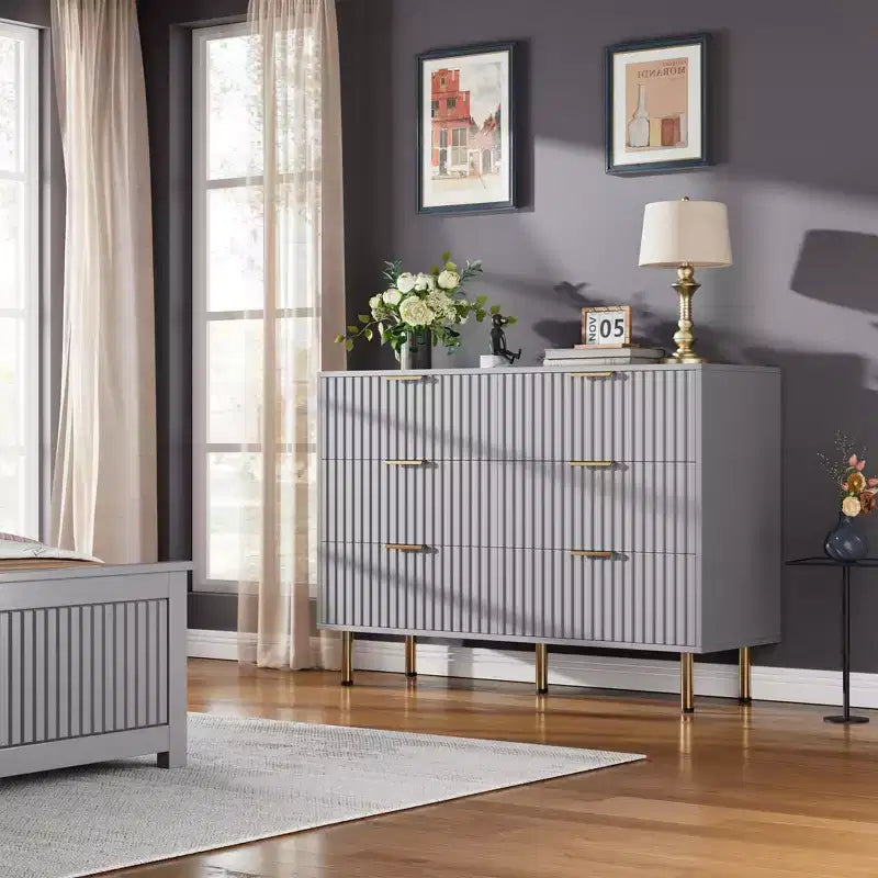 Commode double à 6 tiroirs, commode en bois cannelé de 120 cm avec rangement profond et grand plateau - Meuble TV pour salon, chambre, couloir