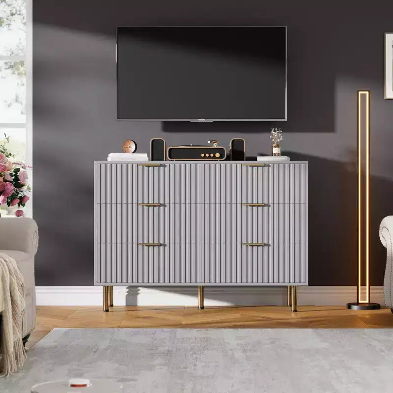 Commode double à 6 tiroirs, commode en bois cannelé de 120 cm avec rangement profond et grand plateau - Meuble TV pour salon, chambre, couloir