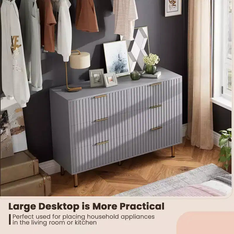 Commode double à 6 tiroirs, commode en bois cannelé de 120 cm avec rangement profond et grand plateau - Meuble TV pour salon, chambre, couloir