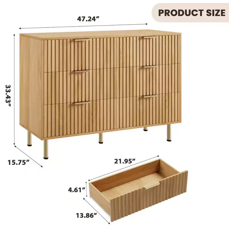 Commode double à 6 tiroirs, commode en bois cannelé de 120 cm avec rangement profond et grand plateau - Meuble TV pour salon, chambre, couloir