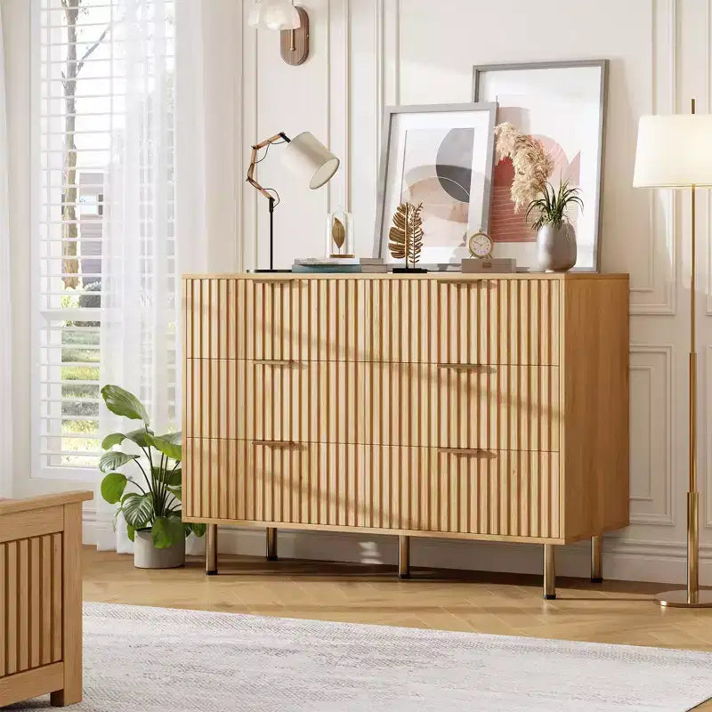 Commode double à 6 tiroirs, commode en bois cannelé de 120 cm avec rangement profond et grand plateau - Meuble TV pour salon, chambre, couloir
