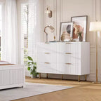 Commode double à 6 tiroirs, commode en bois cannelé de 120 cm avec rangement profond et grand plateau - Meuble TV pour salon, chambre, couloir
