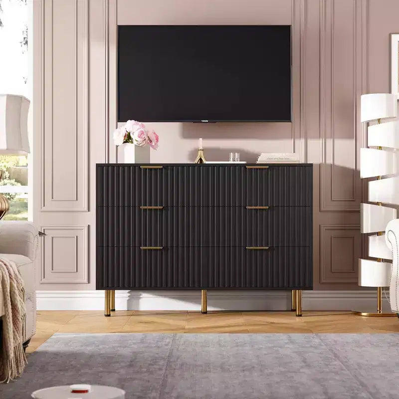 Commode double à 6 tiroirs, commode en bois cannelé de 120 cm avec rangement profond et grand plateau - Meuble TV pour salon, chambre, couloir