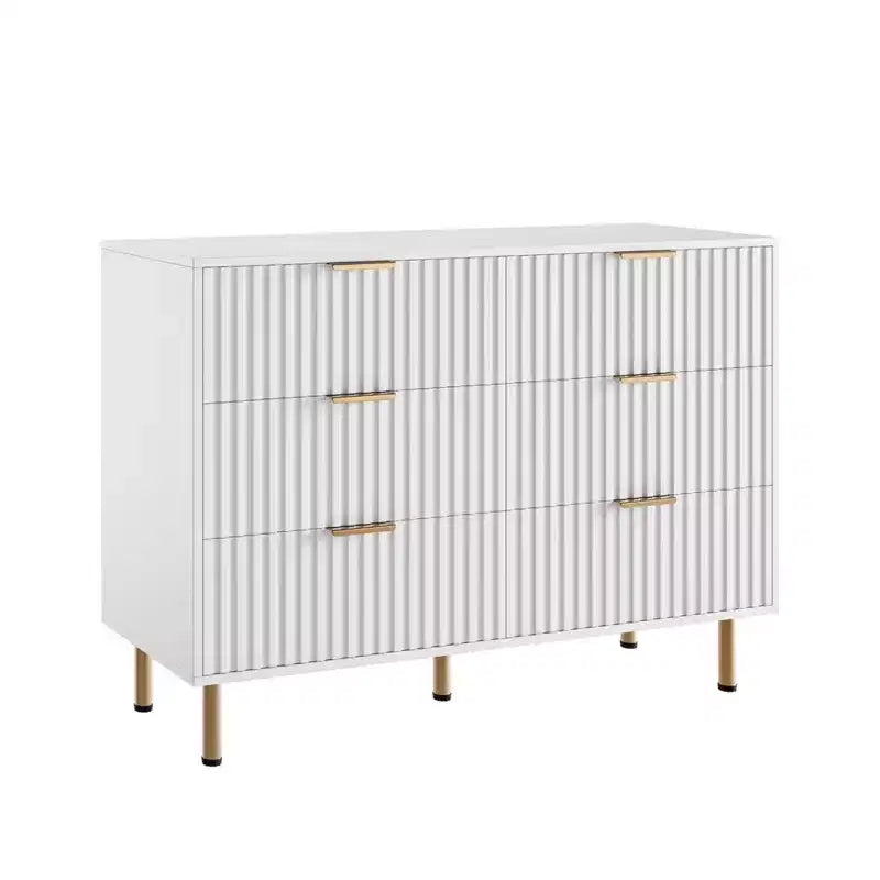Commode double à 6 tiroirs, commode en bois cannelé de 120 cm avec rangement profond et grand plateau - Meuble TV pour salon, chambre, couloir