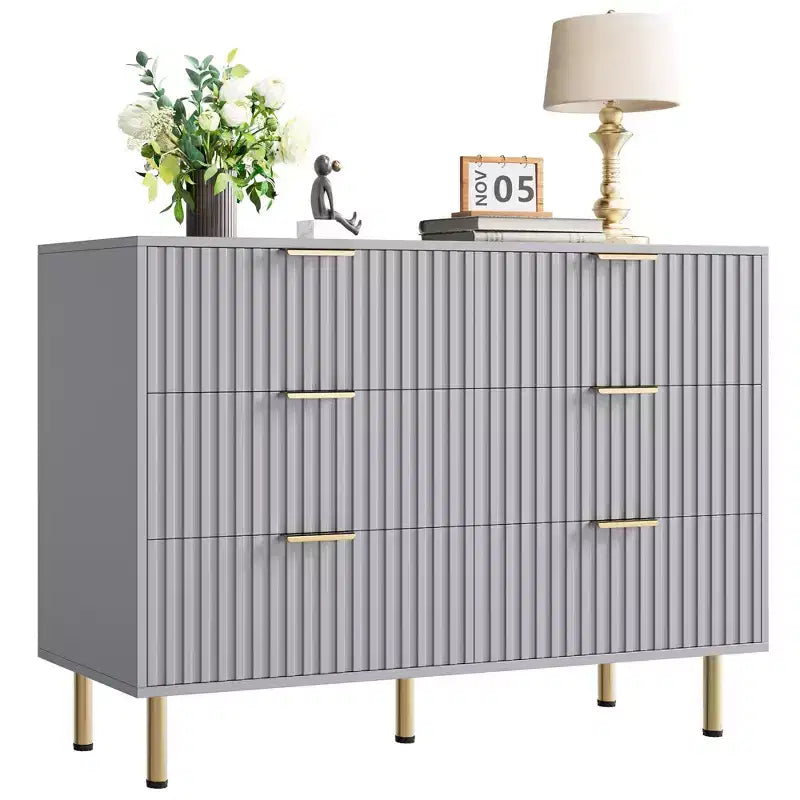 Commode double à 6 tiroirs, commode en bois cannelé de 120 cm avec rangement profond et grand plateau - Meuble TV pour salon, chambre, couloir