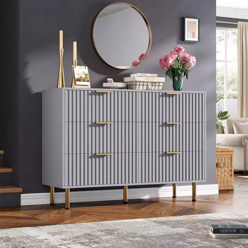 Commode double à 6 tiroirs, commode en bois cannelé de 120 cm avec rangement profond et grand plateau - Meuble TV pour salon, chambre, couloir