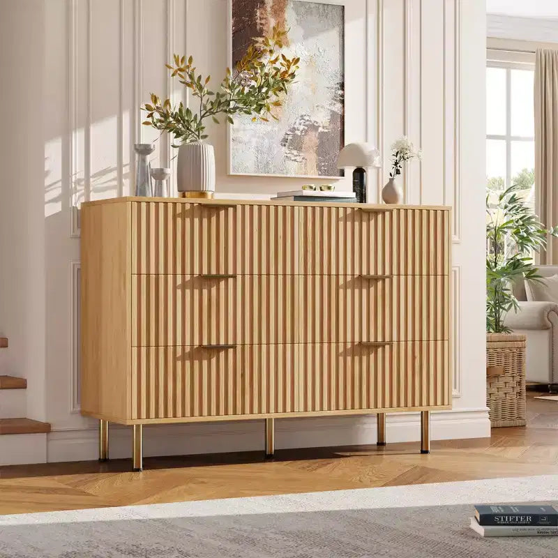 Commode double à 6 tiroirs, commode en bois cannelé de 120 cm avec rangement profond et grand plateau - Meuble TV pour salon, chambre, couloir