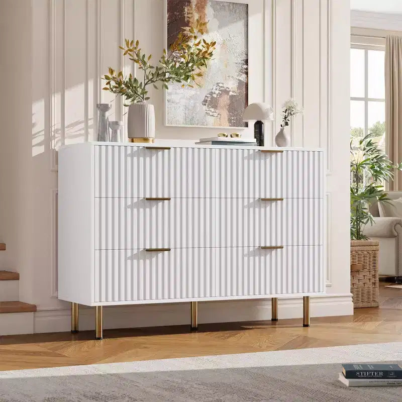 Commode double à 6 tiroirs, commode en bois cannelé de 120 cm avec rangement profond et grand plateau - Meuble TV pour salon, chambre, couloir