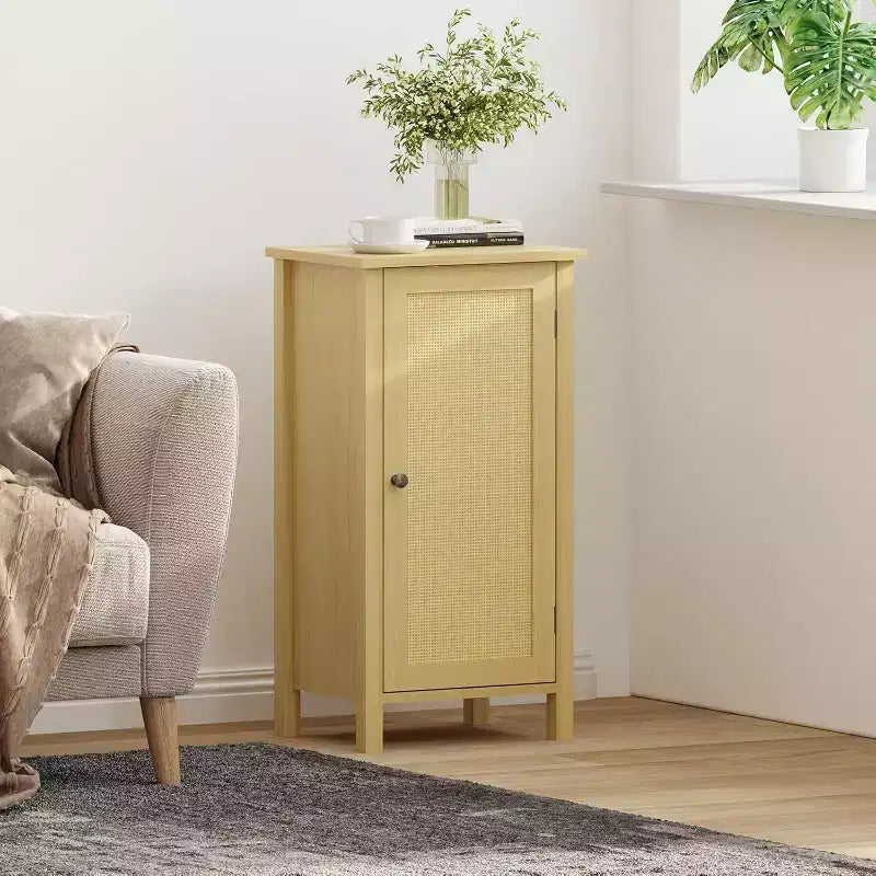 Meuble de rangement avec porte en rotin tressé, Organisateur autoportant peu encombrant à 2 niveaux, Table de chevet de finition pour salle de bain, cuisine, salon