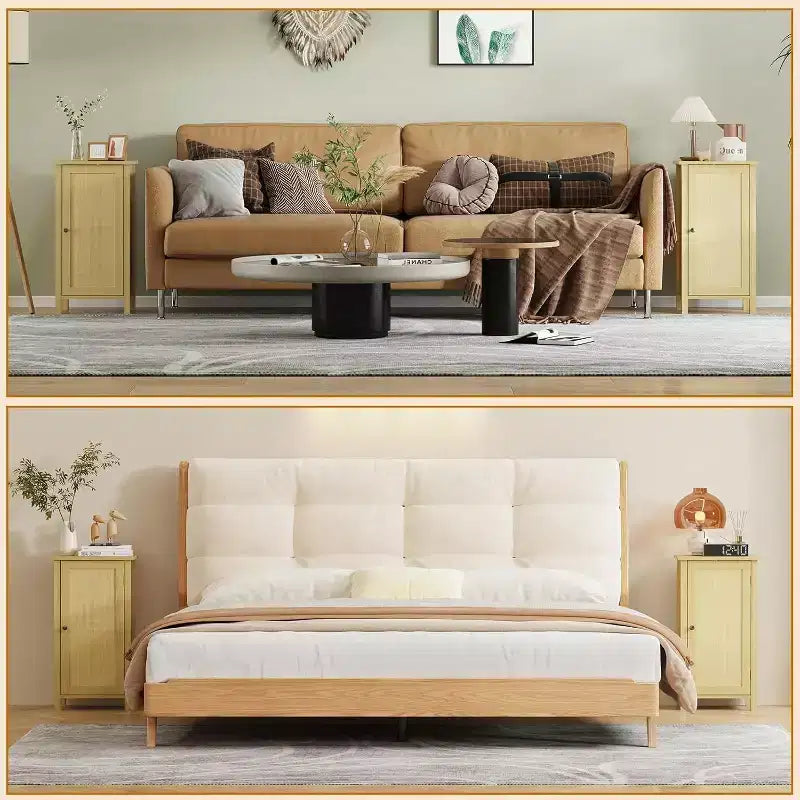 Meuble de rangement avec porte en rotin tressé, Organisateur autoportant peu encombrant à 2 niveaux, Table de chevet de finition pour salle de bain, cuisine, salon