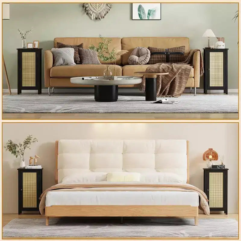 Meuble de rangement avec porte en rotin tressé, Organisateur autoportant peu encombrant à 2 niveaux, Table de chevet de finition pour salle de bain, cuisine, salon