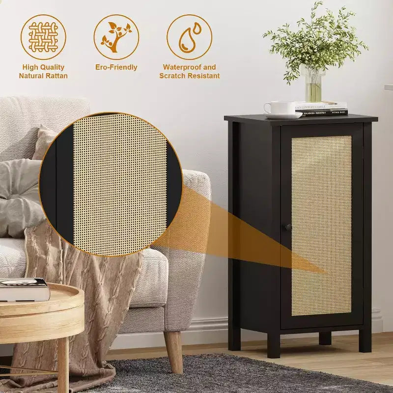 Meuble de rangement avec porte en rotin tressé, Organisateur autoportant peu encombrant à 2 niveaux, Table de chevet de finition pour salle de bain, cuisine, salon