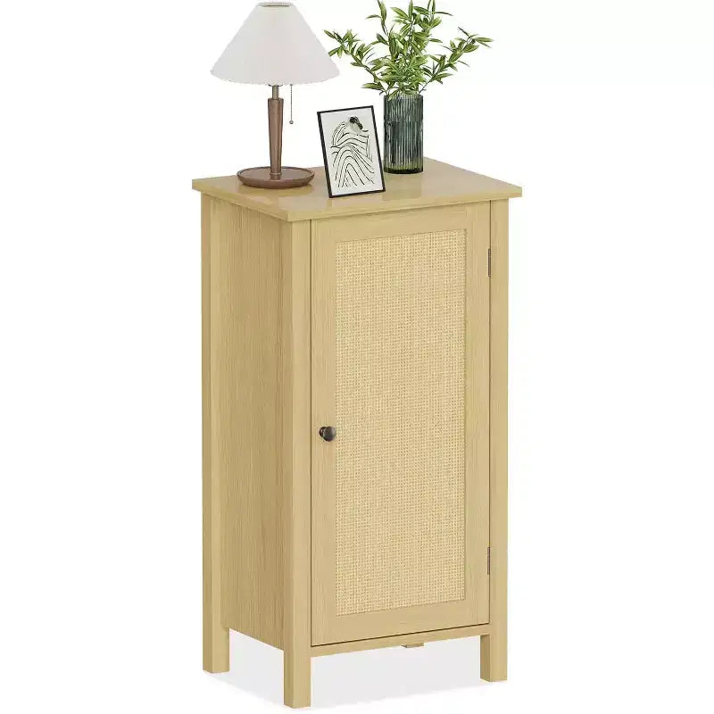 Meuble de rangement avec porte en rotin tressé, Organisateur autoportant peu encombrant à 2 niveaux, Table de chevet de finition pour salle de bain, cuisine, salon