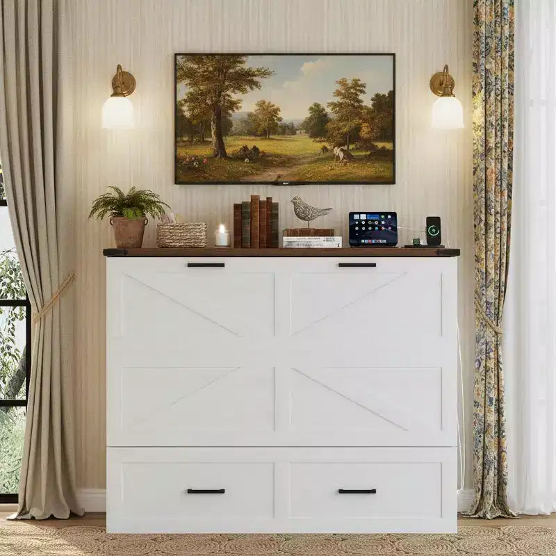 Lit armoire escamotable Polibi avec tiroir de rangement et station de charge