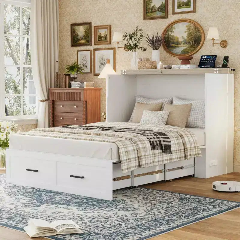 Lit armoire escamotable Polibi avec tiroir de rangement et station de charge