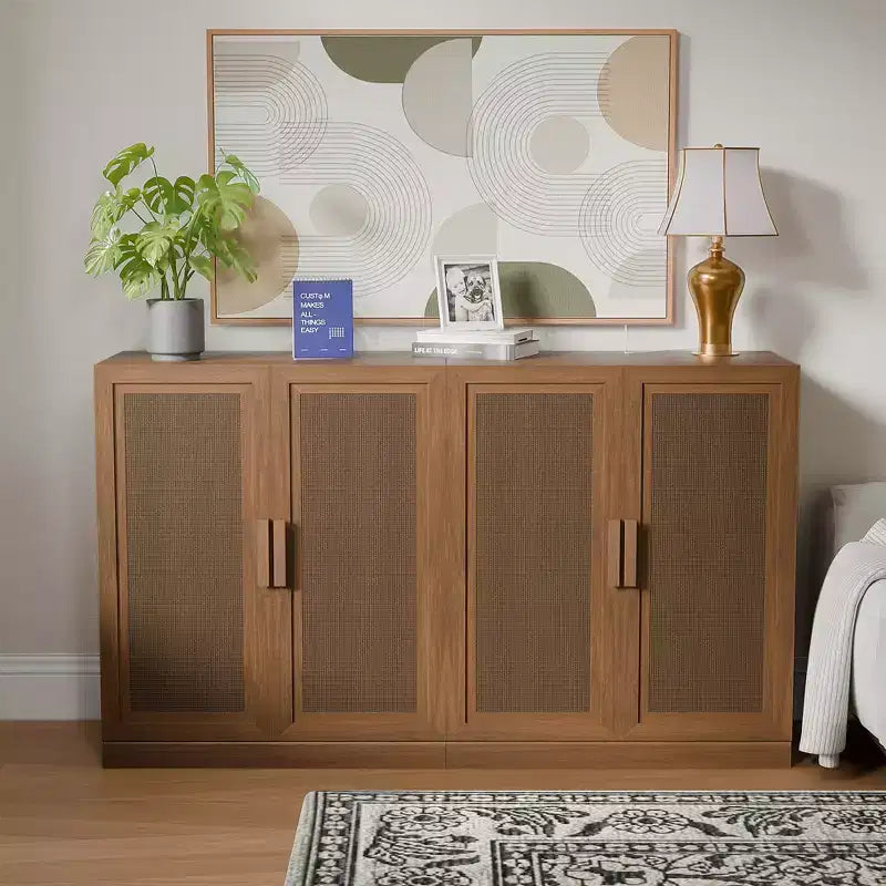 Buffet de rangement à portes en rotin 3 pièces avec étagères réglables - 93Lx36H