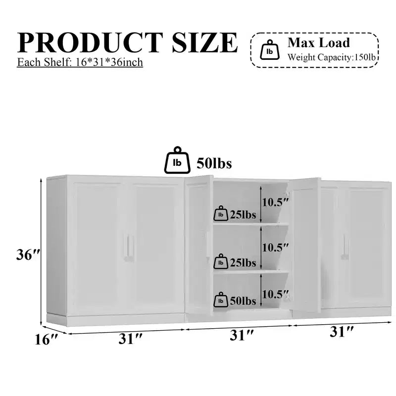 Buffet de rangement à portes en rotin 3 pièces avec étagères réglables - 93Lx36H