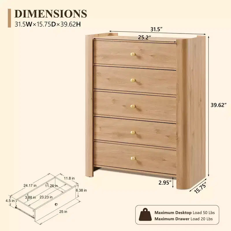 Commode moderne à 5 tiroirs avec profil incurvé, 100,6 cm de haut, en bois avec poignées en métal doré, meuble de rangement pour chambre, salon, couloir