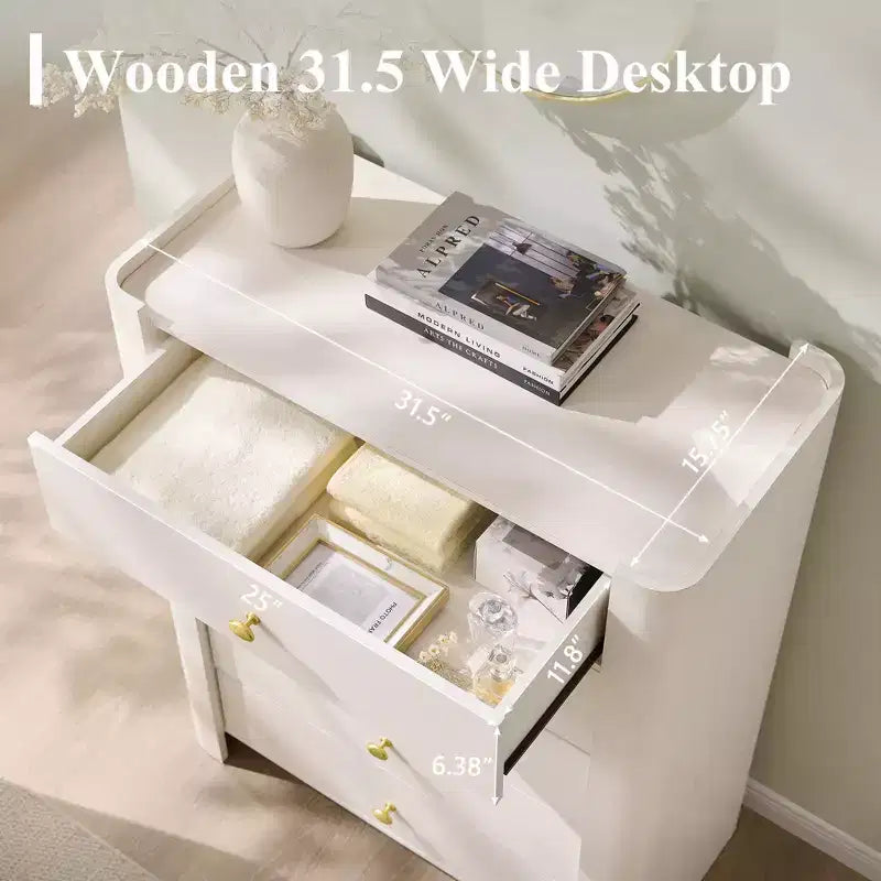 Commode moderne à 5 tiroirs avec profil incurvé, 100,6 cm de haut, en bois avec poignées en métal doré, meuble de rangement pour chambre, salon, couloir