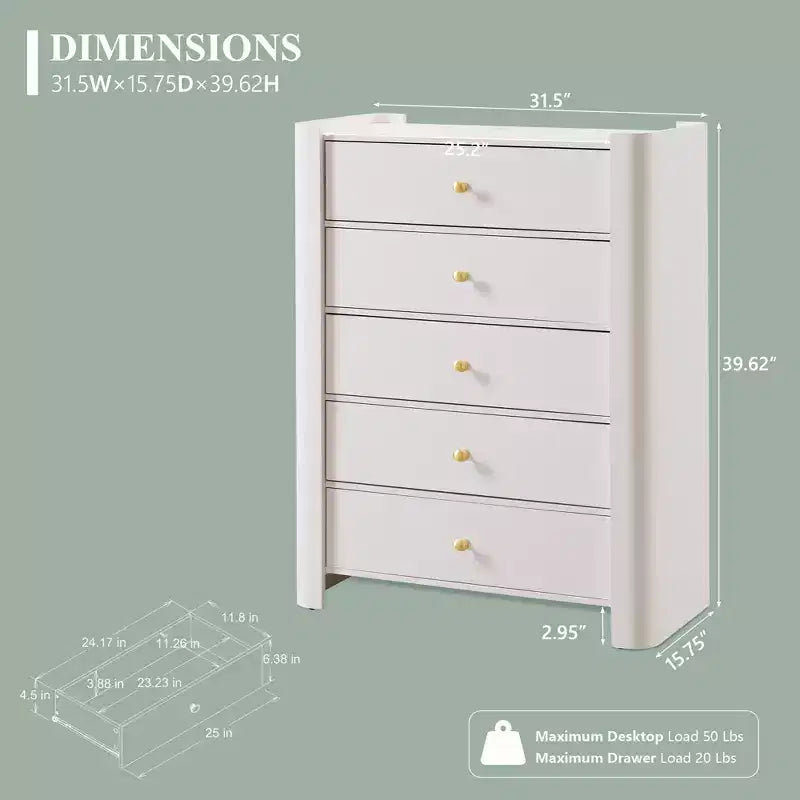 Commode moderne à 5 tiroirs avec profil incurvé, 100,6 cm de haut, en bois avec poignées en métal doré, meuble de rangement pour chambre, salon, couloir