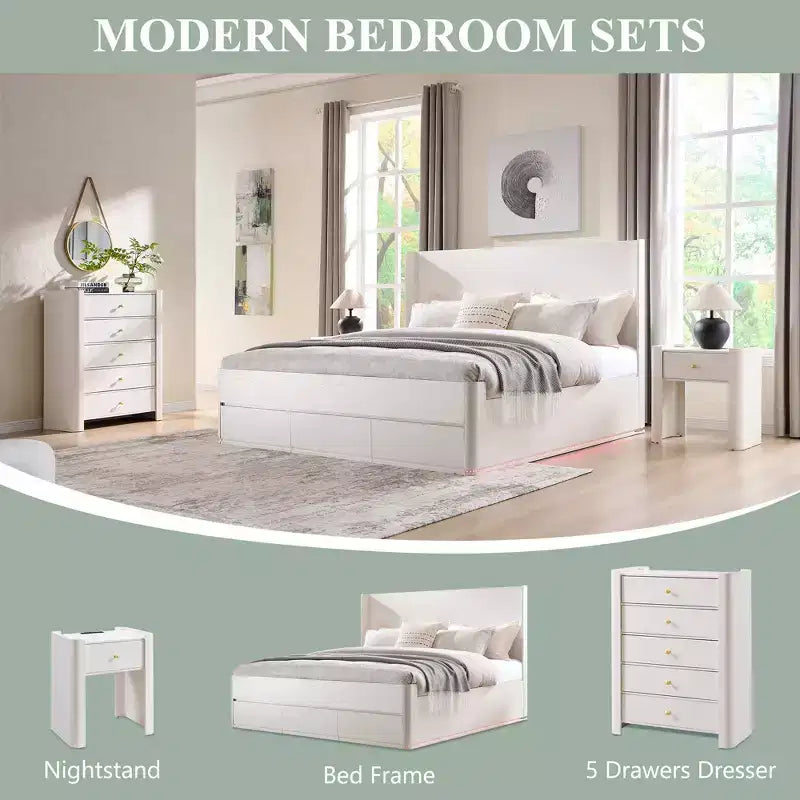 Commode moderne à 5 tiroirs avec profil incurvé, 100,6 cm de haut, en bois avec poignées en métal doré, meuble de rangement pour chambre, salon, couloir