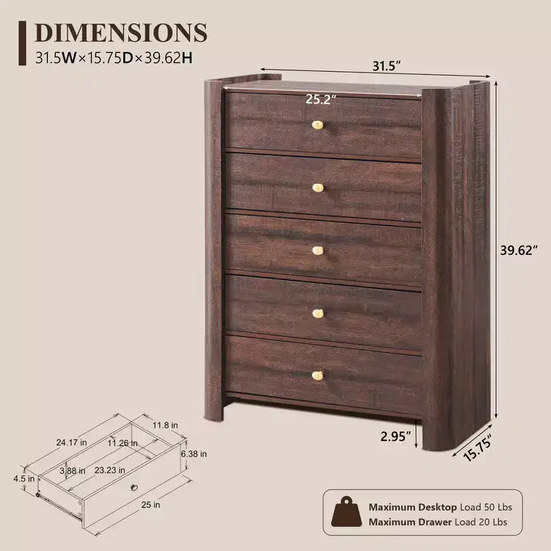 Commode moderne à 5 tiroirs avec profil incurvé, 100,6 cm de haut, en bois avec poignées en métal doré, meuble de rangement pour chambre, salon, couloir