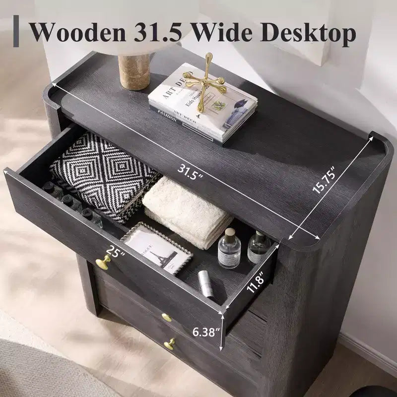 Commode moderne à 5 tiroirs avec profil incurvé, 100,6 cm de haut, en bois avec poignées en métal doré, meuble de rangement pour chambre, salon, couloir