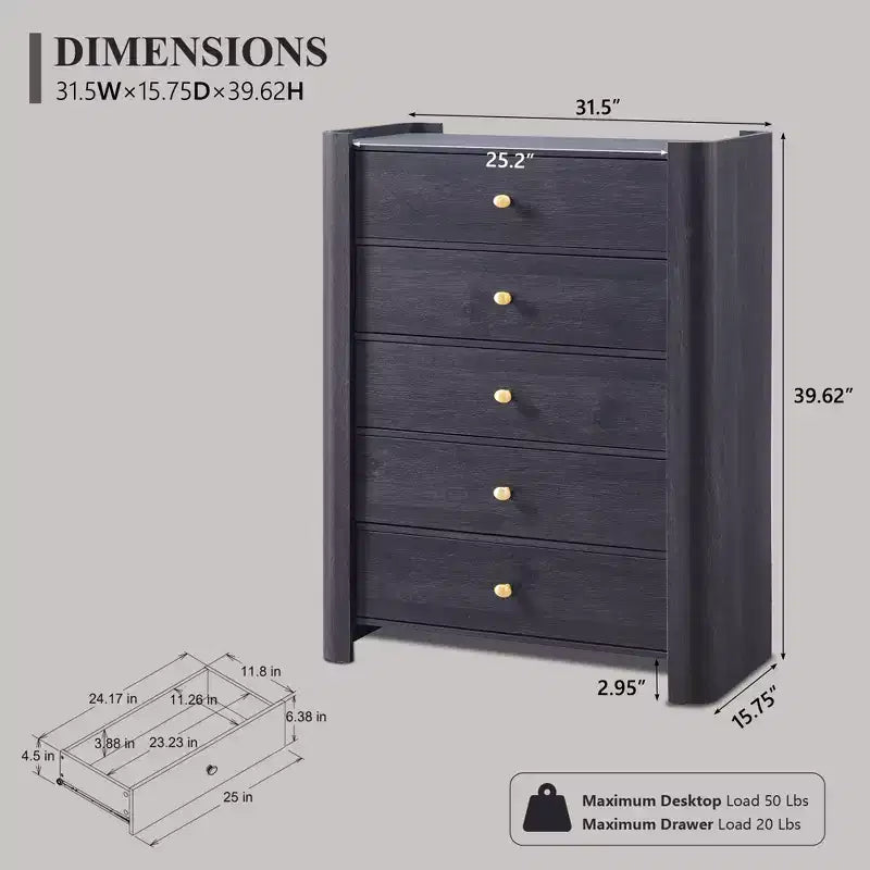 Commode moderne à 5 tiroirs avec profil incurvé, 100,6 cm de haut, en bois avec poignées en métal doré, meuble de rangement pour chambre, salon, couloir