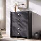 Commode moderne à 5 tiroirs avec profil incurvé, 100,6 cm de haut, en bois avec poignées en métal doré, meuble de rangement pour chambre, salon, couloir