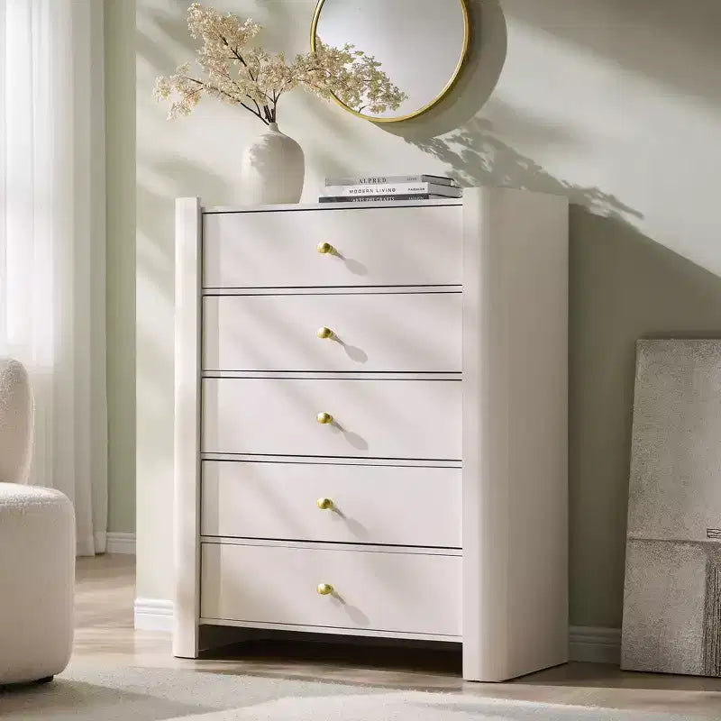 Commode moderne à 5 tiroirs avec profil incurvé, 100,6 cm de haut, en bois avec poignées en métal doré, meuble de rangement pour chambre, salon, couloir
